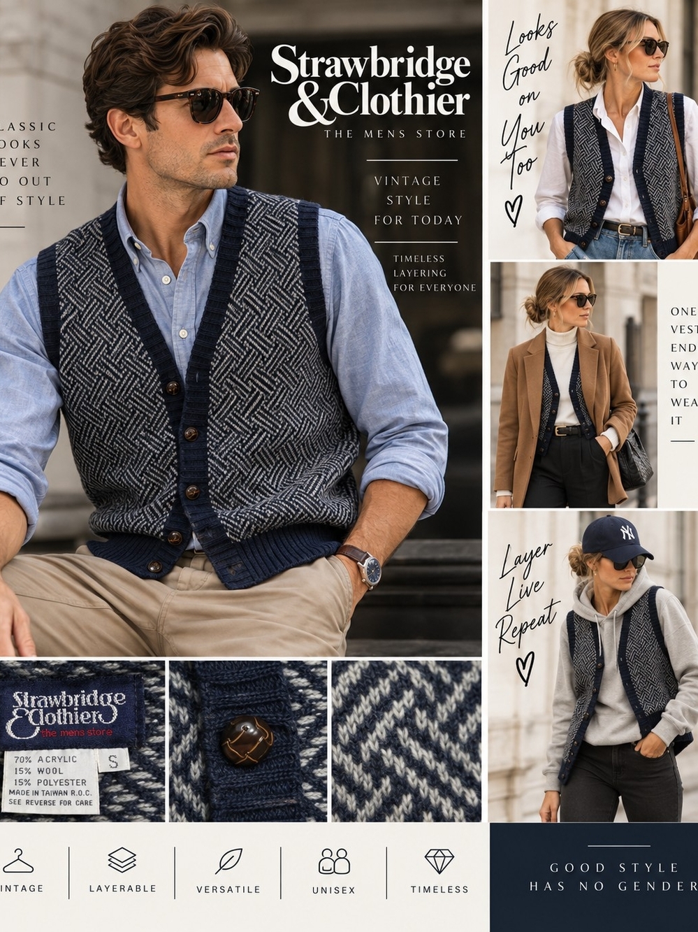 Vintage Strawbridge & Clothier Herringbone Sweater Vest S Grandpa Core